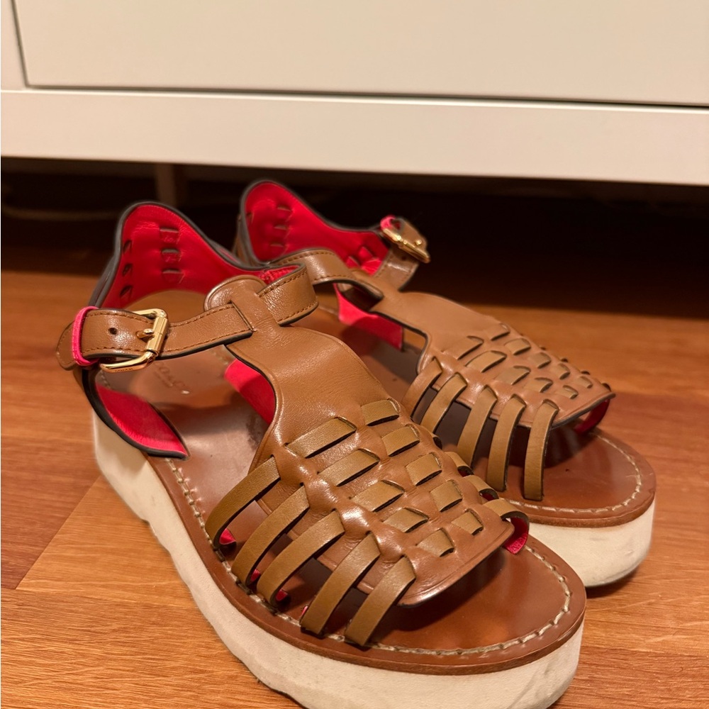 Authentic Coach Brown Leather Cage Sandals with Hot Pink Accents